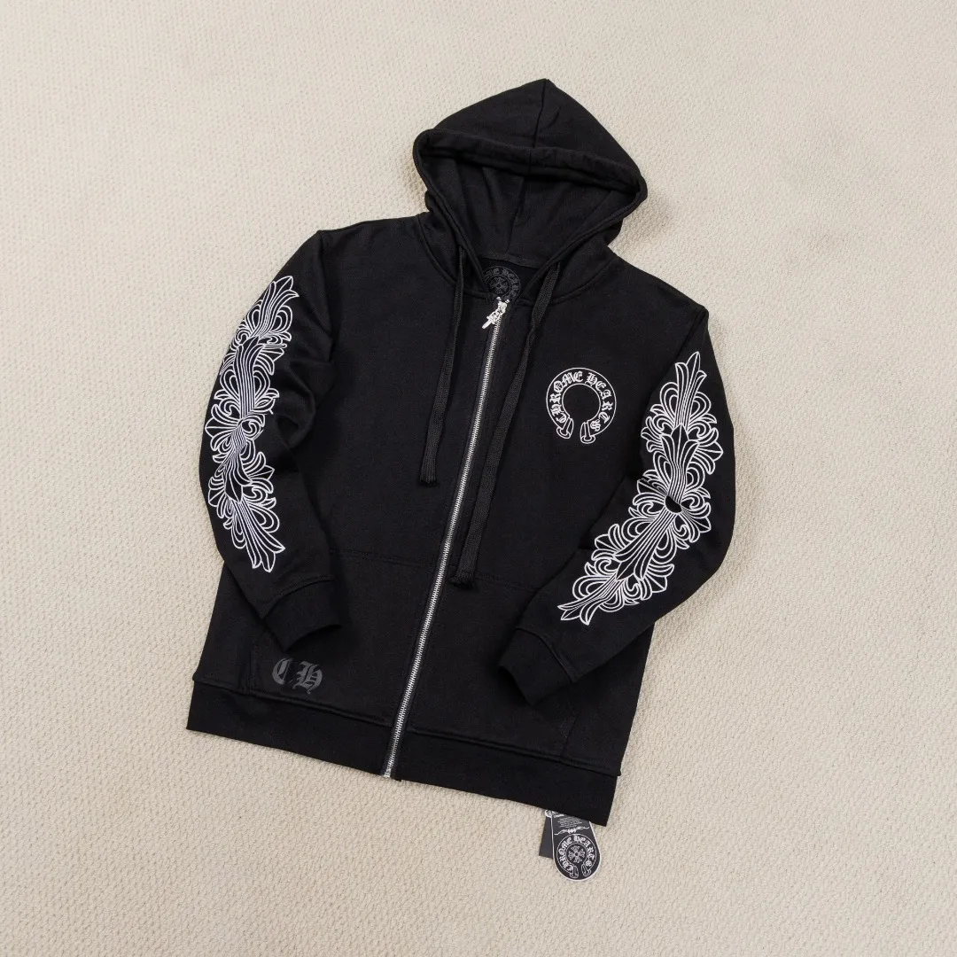 P270 Chrome Hearts/Chrome Hearts 25 Horseshoe Scroll Printed Cross Flower Arm Zipper Hooded Sweatshirt Cardigan Jacket Made of 440g high weight pure cotton terry fabric Correct hardware Uniform couple style for men and women Color: Black Size: S-XL (Picture 9)
